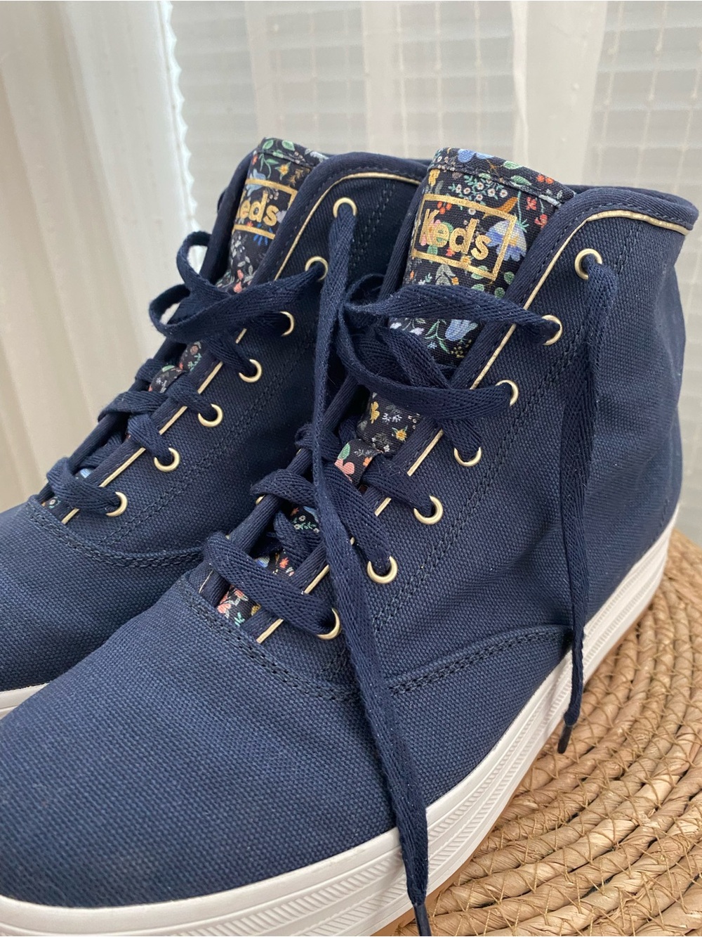 Keds Navy Canvas High-Top Sneakers with Floral Tongue